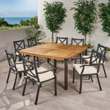 Outdoor 8 Seater Acacia Wood and Cast Aluminum Dining Set with Cushions - NH690013
