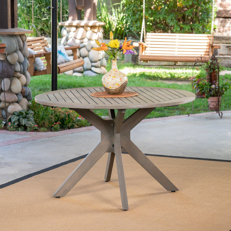Outdoor Round Acacia Wood Dining Table with X Base, Gray - NH060503