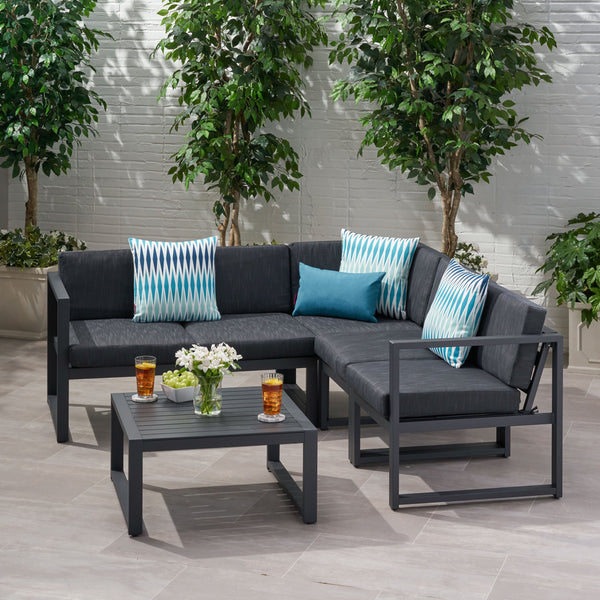 Outdoor Water Resistant Cushions 6 PC Sofa Set w/ Stone Finished Tempered Glass Coffee Table - NH963103