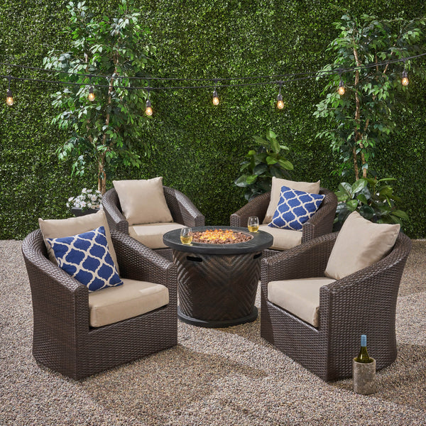 Outdoor 4 Piece Wicker Swivel Chair Set with Fire Pit, Multi Brown and Brown - NH608703