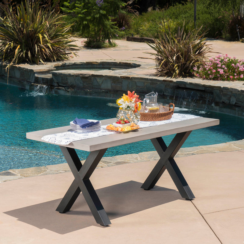 Outdoor White Lightweight Concrete Dining Table w/ Black Iron Legs - NH030103