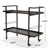 Modern Industrial Two Shelf Wood Finished Bar Cart with Rolling Casters - NH178103