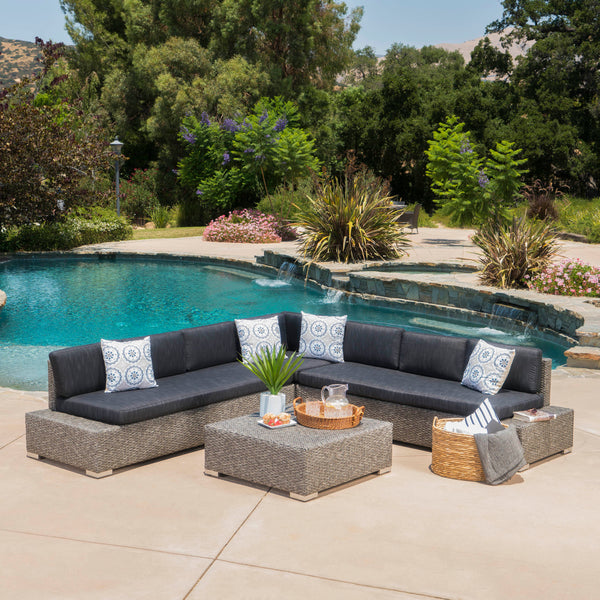 Outdoor 7 Seat Wicker V Shaped Sectional Sofa w/ Water Resistant Cushions - NH811103