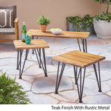 Outdoor Rustic Industrial Acacia Wood Coffee Table and Accent Table Set with Metal Hairpin Legs, Teak - NH109003