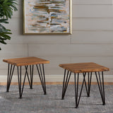 Rustic Industrial Acacia Wood Side Table with Metal Hairpin Legs (Set of 2), Teak - NH690603