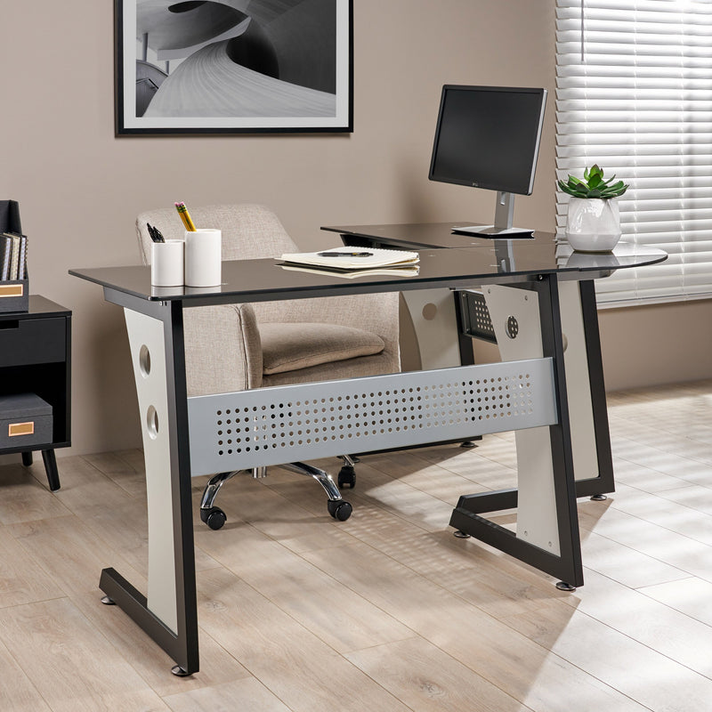 Modern L-Shaped Black and Gray Iron Office Desk with Tempered Glass Top - NH508003