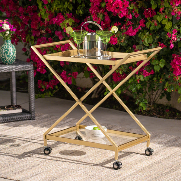 Outdoor Powder Coated Iron and Glass Bar Cart, Gold - NH364403
