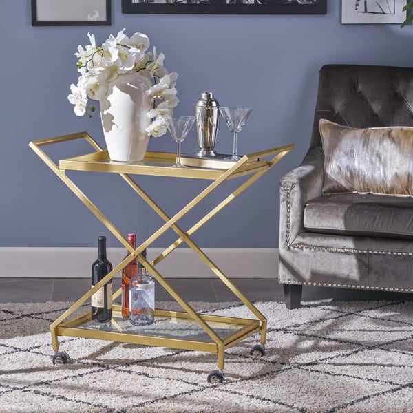 Indoor Industrial Iron and Glass Bar Cart, Gold - NH264403