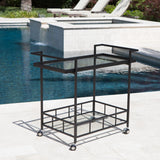 Outdoor Industrial Black Powder Coated Iron Bar Cart with Tempered Glass Shelves - NH953203