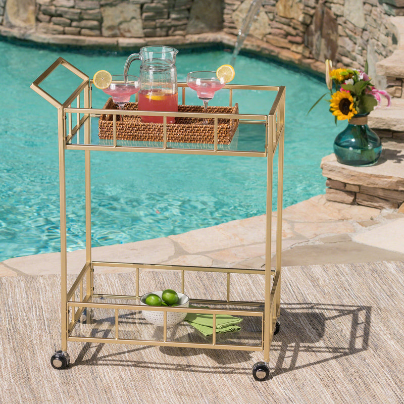 Outdoor Modern Iron and Glass Bar Cart, Gold - NH625403
