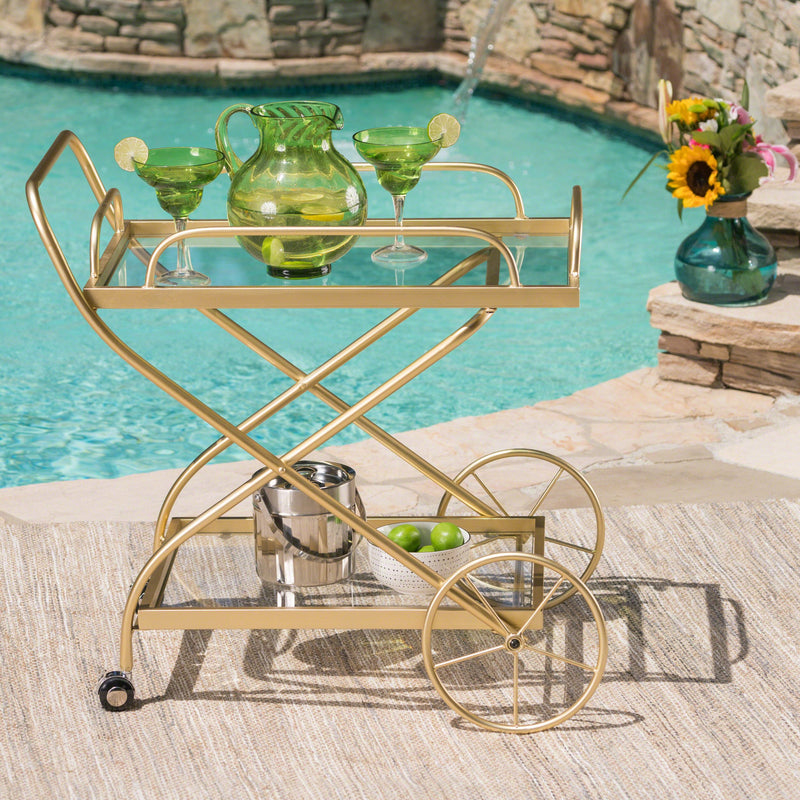 Outdoor Traditional Iron and Glass Bar Cart, Gold - NH725403