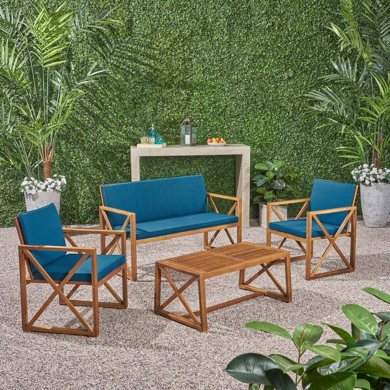 Outdoor Acacia Wood 4 Piece Chat Set with Cushions - NH707703