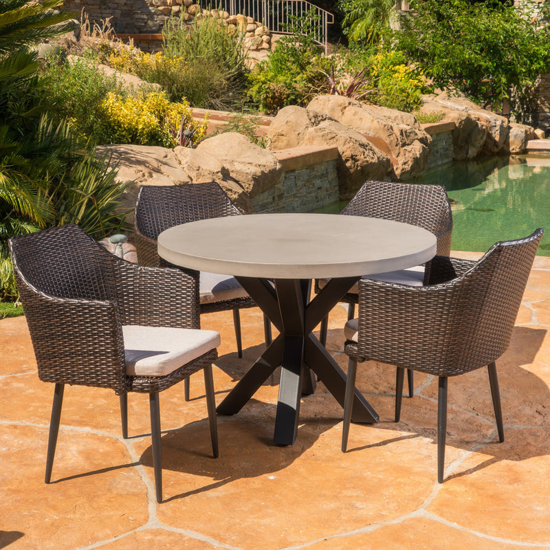 Outdoor Transitional 5 Piece Wicker Dining Set with Lightweight Concrete Table - NH093103