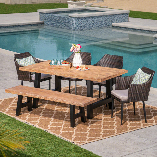 Outdoor 6 Piece Multibrown Wicker Dining Set with Natural Oak Finish Light Weight Concrete Table and Bench and Textured Beige Water Resistant Cushions - NH097303