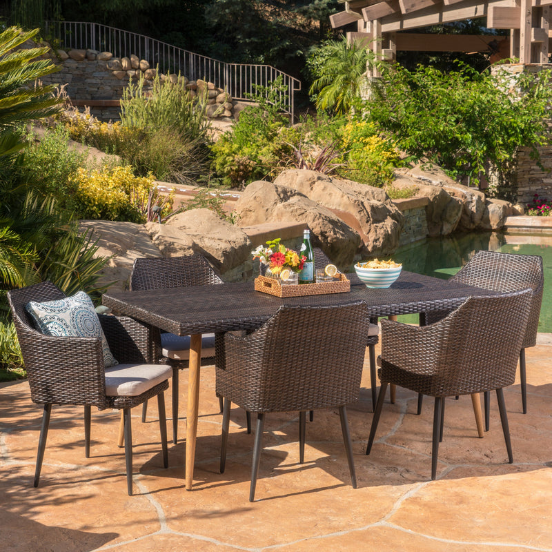 Outdoor 7Pc Multibrown Wicker Dining Set w/ Water Resistant Cushions - NH070103