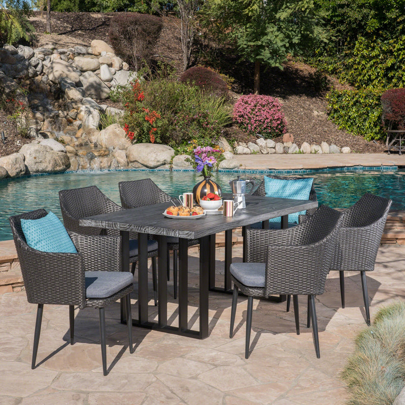 Outdoor 7 Piece Black Wicker Dining Set with Grey Oak Finish Light Weight Concrete Dining Table and Grey Water Resistant Cushions - NH880403