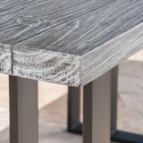 Outdoor 7 Piece Black Wicker Dining Set with Grey Oak Finish Light Weight Concrete Dining Table and Grey Water Resistant Cushions - NH880403