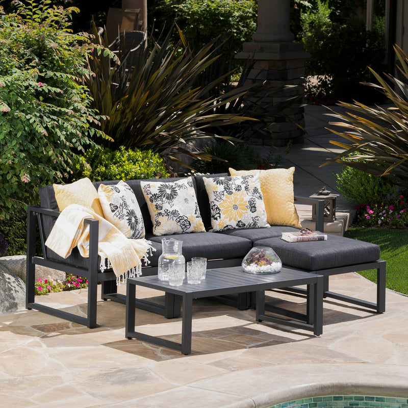 Modern Outdoor Dark Gray Aluminum Sectional Sofa Set with Black Cushions - NH290103