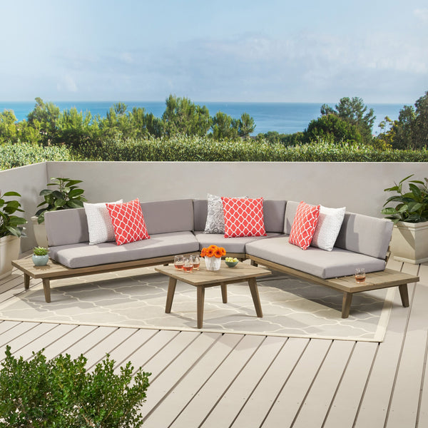 Outdoor V Shaped 4 Piece Acacia Wood Sectional Sofa Set - NH806203
