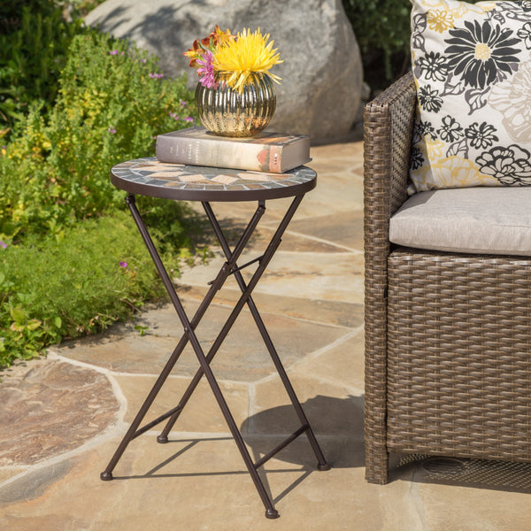 Outdoor Beige and Black Stone Side Table with Iron Frame - NH851103