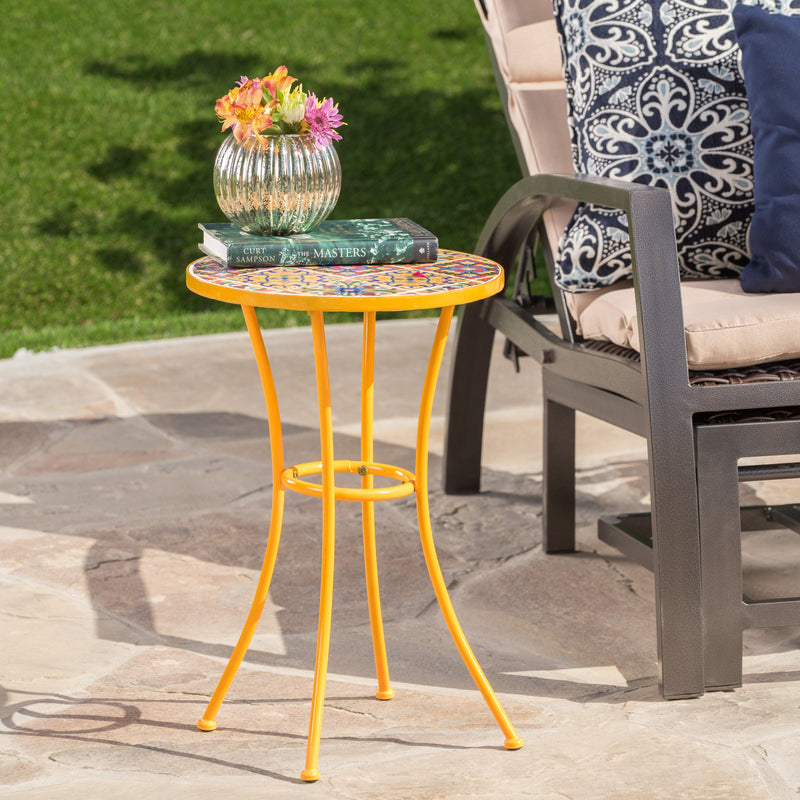 Outdoor Yellow Ceramic Tile Side Table with Iron Frame - NH951103