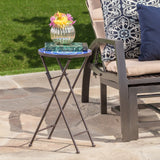 Outdoor Blue and White Glass Side Table with Iron Frame - NH061103