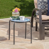 Outdoor Blue & White Ceramic Tile Iron Frame Side Table - NH161103