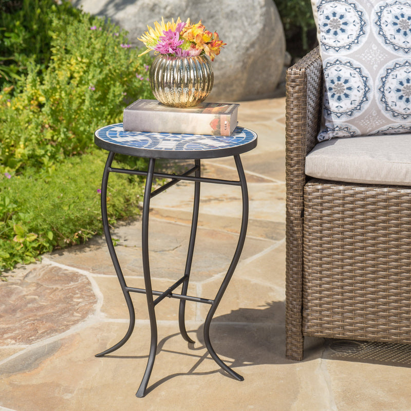 Outdoor Blue & White Ceramic Tile Iron Frame Side Table - NH261103