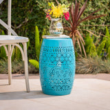 Outdoor Modern 12-Inch Floral Cut Metal Barrel Side Table - NH365103