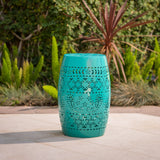 Outdoor Modern 12-Inch Floral Cut Metal Barrel Side Table - NH365103