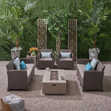 Outdoor 8-Seater Wicker Print Chat Set with Fire Pit and Tank Holder - NH713603