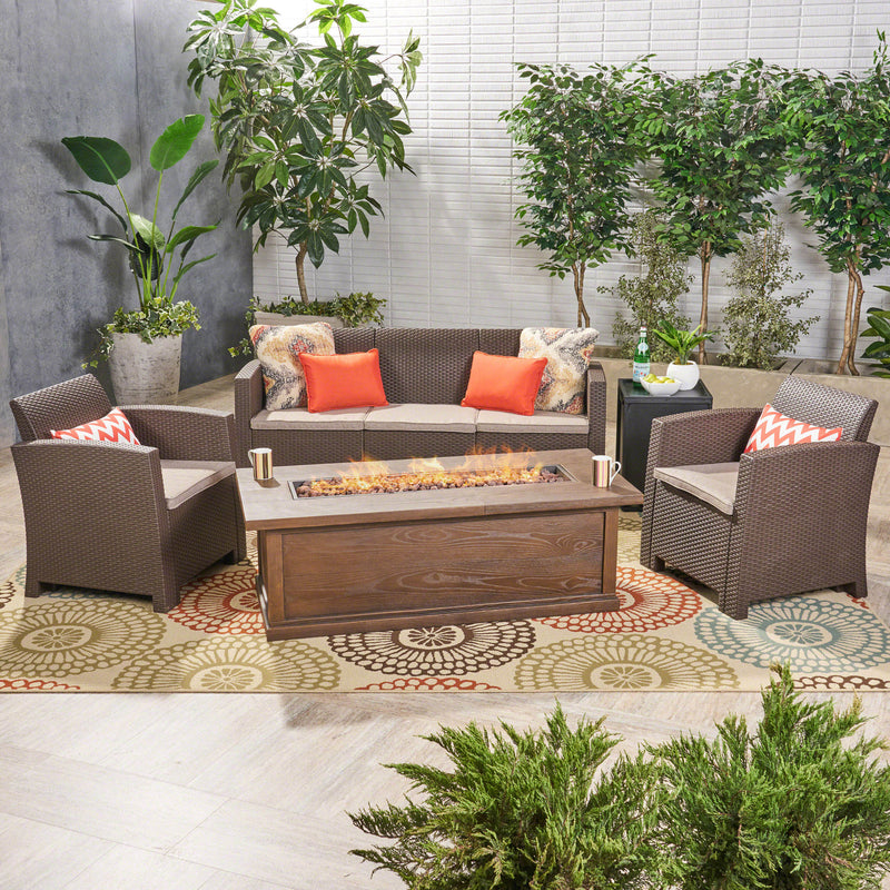 Outdoor 5-Seater Wicker Print Chat Set with Fire Pit and Tank Holder - NH913603