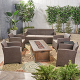 Outdoor 7-Seater Wicker Print Chat Set with Fire Pit and Tank Holder - NH123603