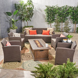 Outdoor 7-Seater Wicker Print Chat Set with Fire Pit and Tank Holder - NH123603