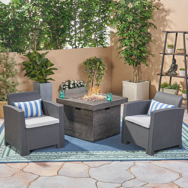 Outdoor 2-Seater Wicker Print Club Chair Chat Set with Fire Pit - NH413603