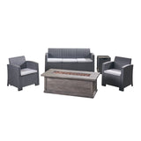 Outdoor 5-Seater Wicker Print Chat Set with Fire Pit and Tank Holder - NH133603