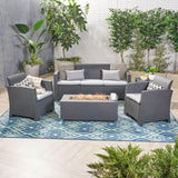 Outdoor 5-Seater Wicker Print Chat Set with Fire Pit and Tank Holder - NH023603