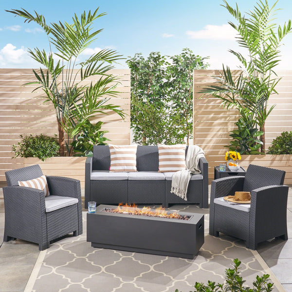 Outdoor 5-Seater Wicker Print Chat Set with Fire Pit and Tank Holder, Charcoal with Light Gray and Dark Gray - NH533603