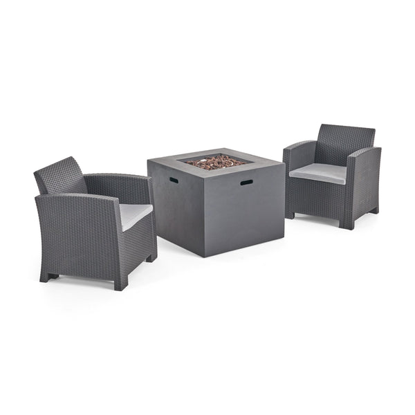 Outdoor 2-Seater Wicker Print Club Chair Chat Set with Propane Fire Pit - NH423603