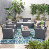 Outdoor 7-Seater Wicker Print Chat Set with Fire Pit and Tank Holder - NH223603