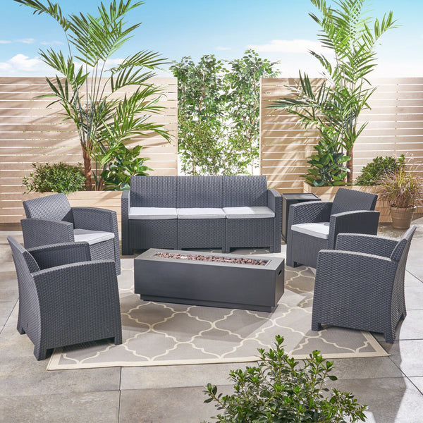 Outdoor 7-Seater Wicker Print Chat Set with Fire Pit and Tank Holder, Charcoal with Light Gray and Dark Gray - NH633603