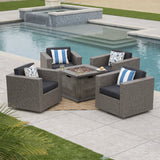 Outdoor 5 Piece Wicker Swivel Club Chairs with Brown Gas Fire Pit - NH728203
