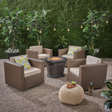 Outdoor 4 Piece Wicker Swivel Chair Set with Fire Pit, Brown and Brown - NH708703