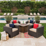 Outdoor 5 Piece Wicker Swivel Club Chairs with Brown Gas Fire Pit - NH728203