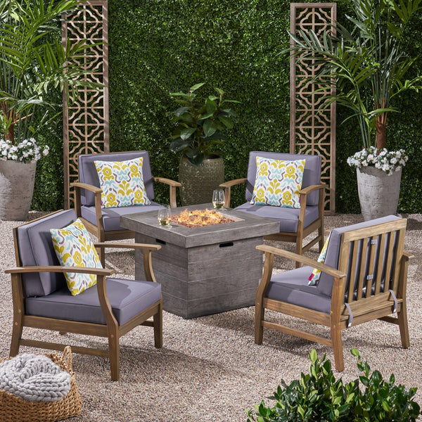 Outdoor 5 Piece Acacia Wood Club Chair and Fire Pit Set, Gray Finish and Gray - NH613803