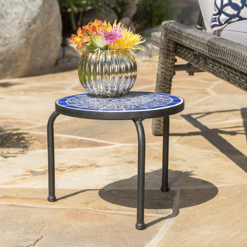 Outdoor Blue & White Ceramic Tile Iron Frame Side Table - NH361103