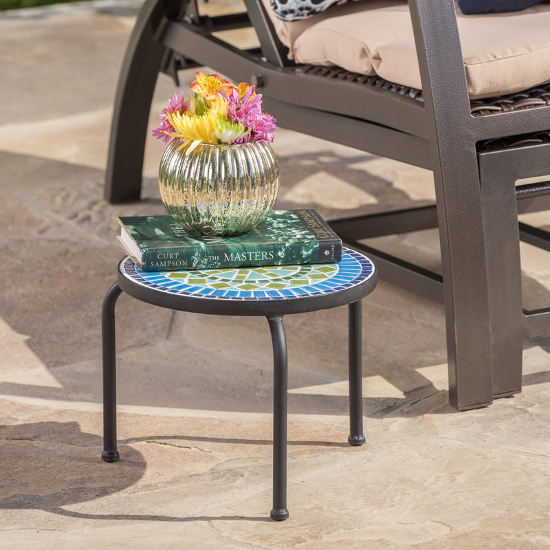 Outdoor Blue & Green Ceramic Tile Iron Frame Side Table - NH461103