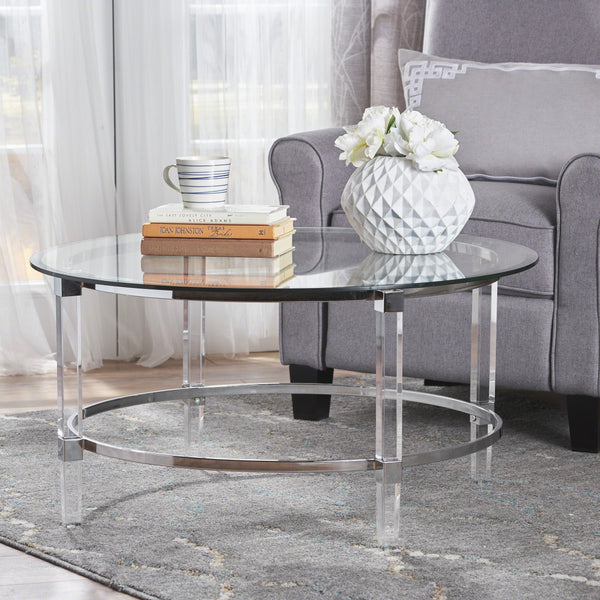 Modern Round Tempered Glass Coffee Table with Acrylic and Iron Accents - NH313203