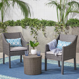 Outdoor 3 Piece Wicker Chat Set, Grey with Silver Cushions - NH847403