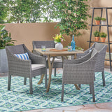 Outdoor 5 Piece Wood and Wicker Square Dining Set, Gray and Gray - NH222503